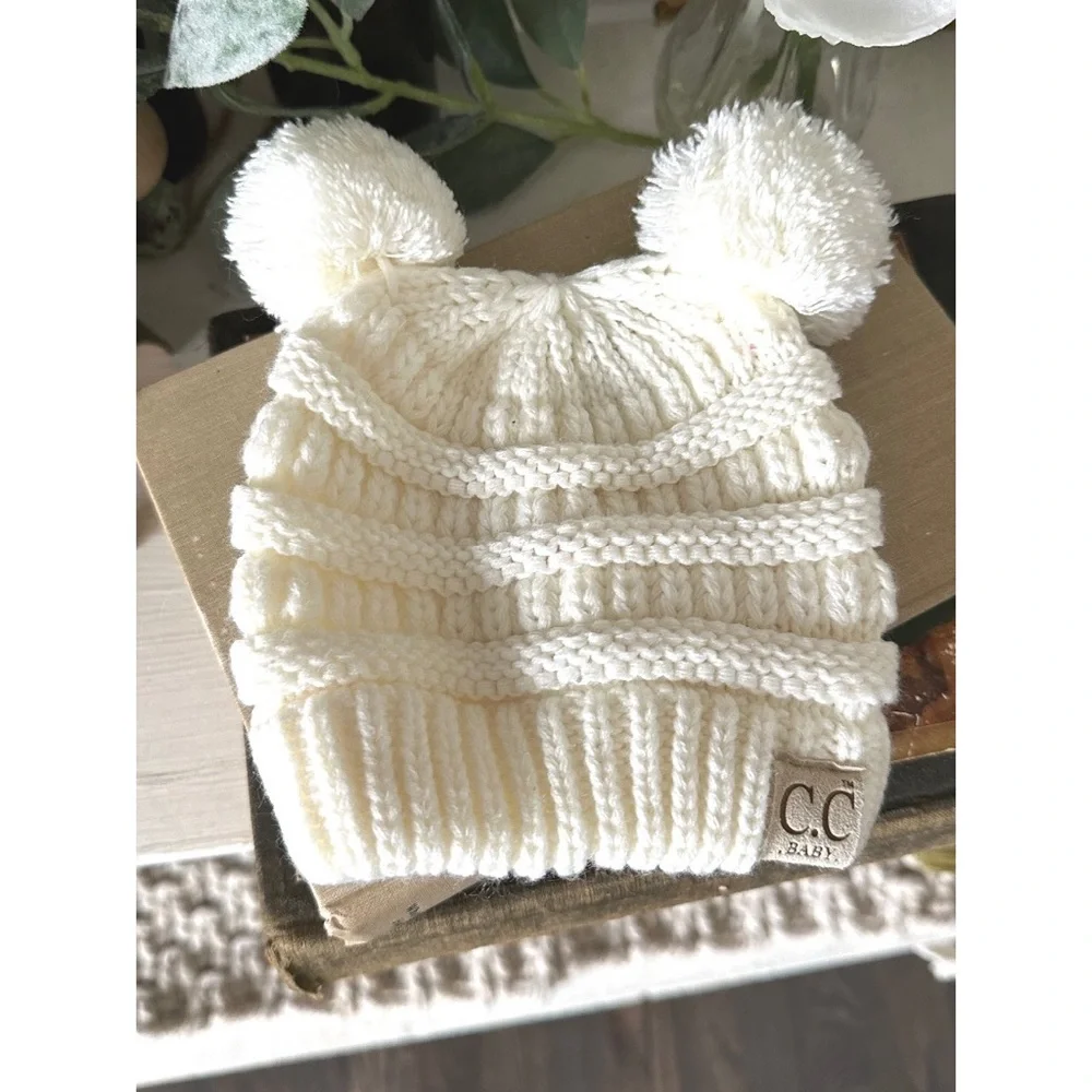 C.C Kids' Babies' Soft Stretch Cable Knit Faux Fur Pom Pom Beanie Hat